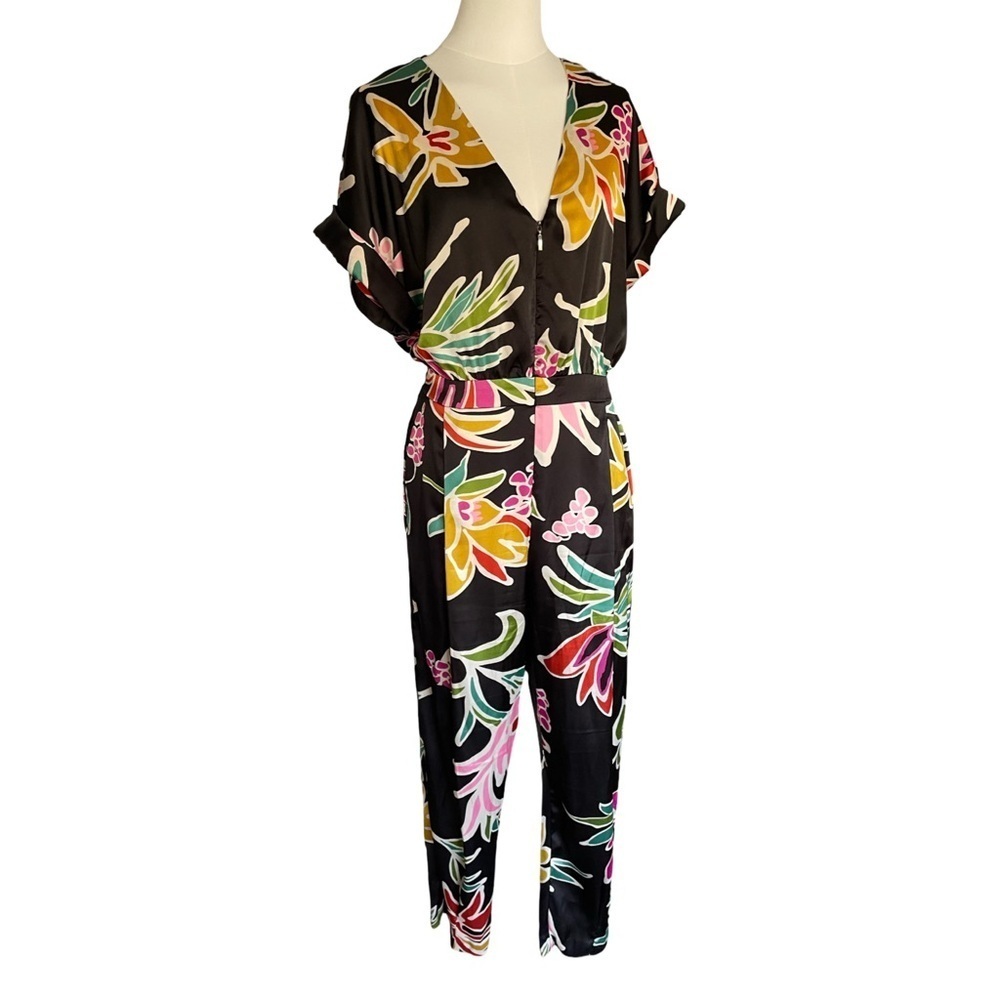 Zara Black Floral Print Satin Jumpsuit Women’s Large - Picture 8 of 16